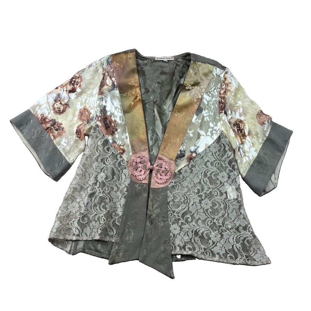 Spencer Alexis Women Kimono Jacket Sz S 3/4 Sleeve Mix Media Floral Chiffon Silk